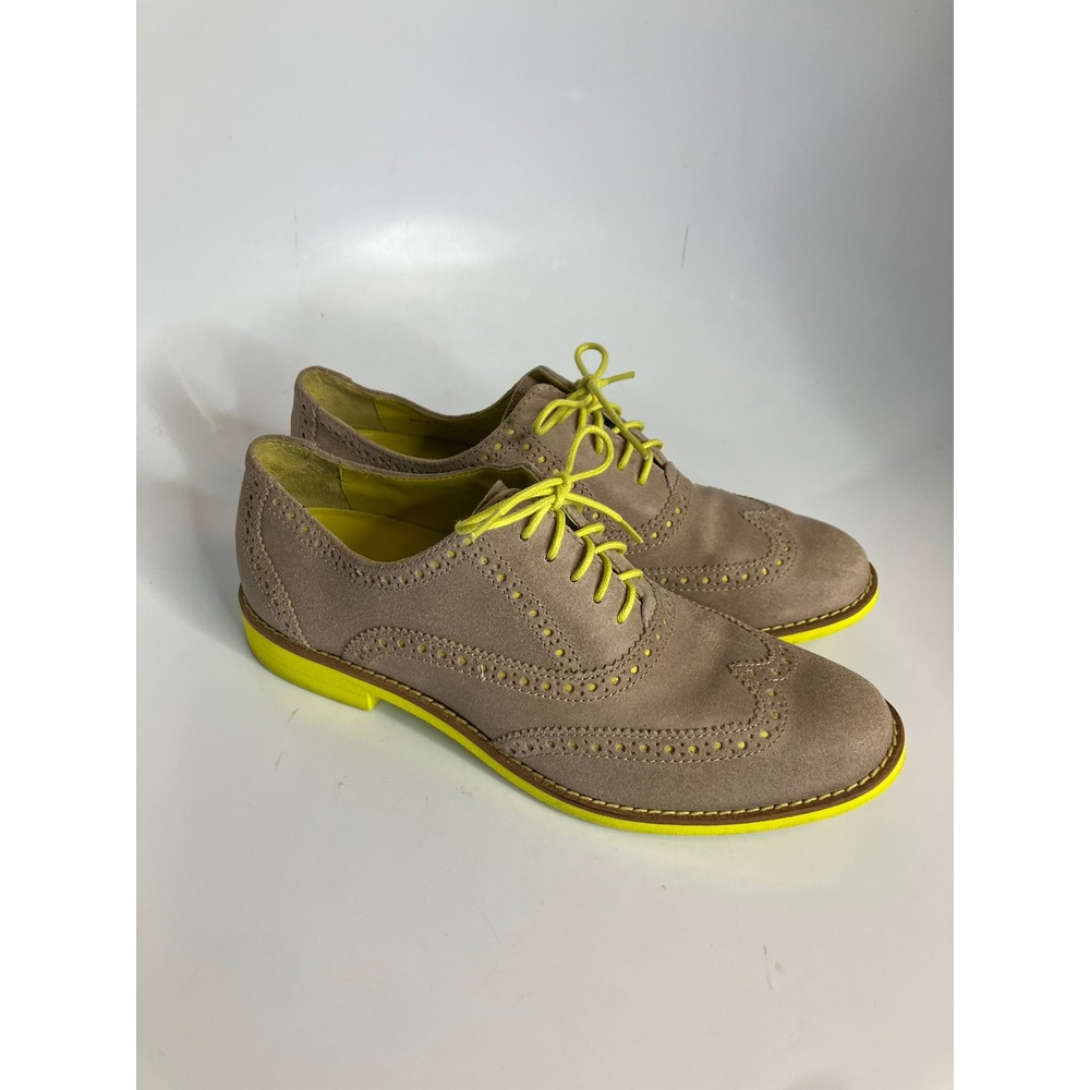 Cole Haan Wingtip Oxfords Womens 7 Taupe Neon Yellow Good Suede Brogue Shoes